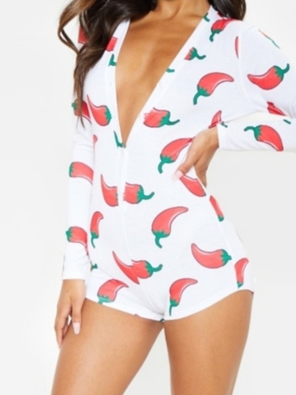 PrettyLittleThing White Chili Pepper Print Romper Woman's Size XL